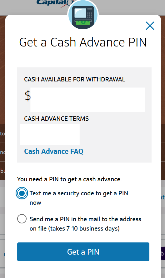 Screenshot of website and user selecting the Get a Cash Advance Pin option