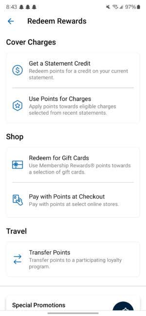 A screenshot showing the different redemption options available in the American Express mobile app