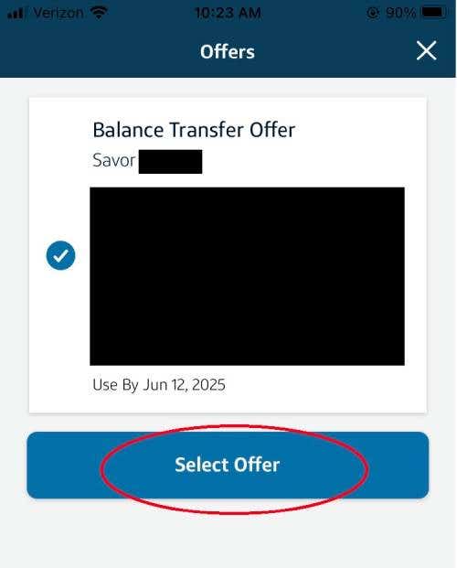 Capital One balance transfer offer selection page