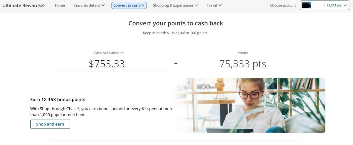 Image of Chase Ultimate Rewards when redeemed for cash back