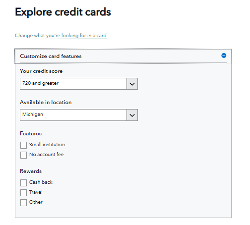 A screenshot of the CFPB website, showing the filtering options in the Explore Credit Cards tool