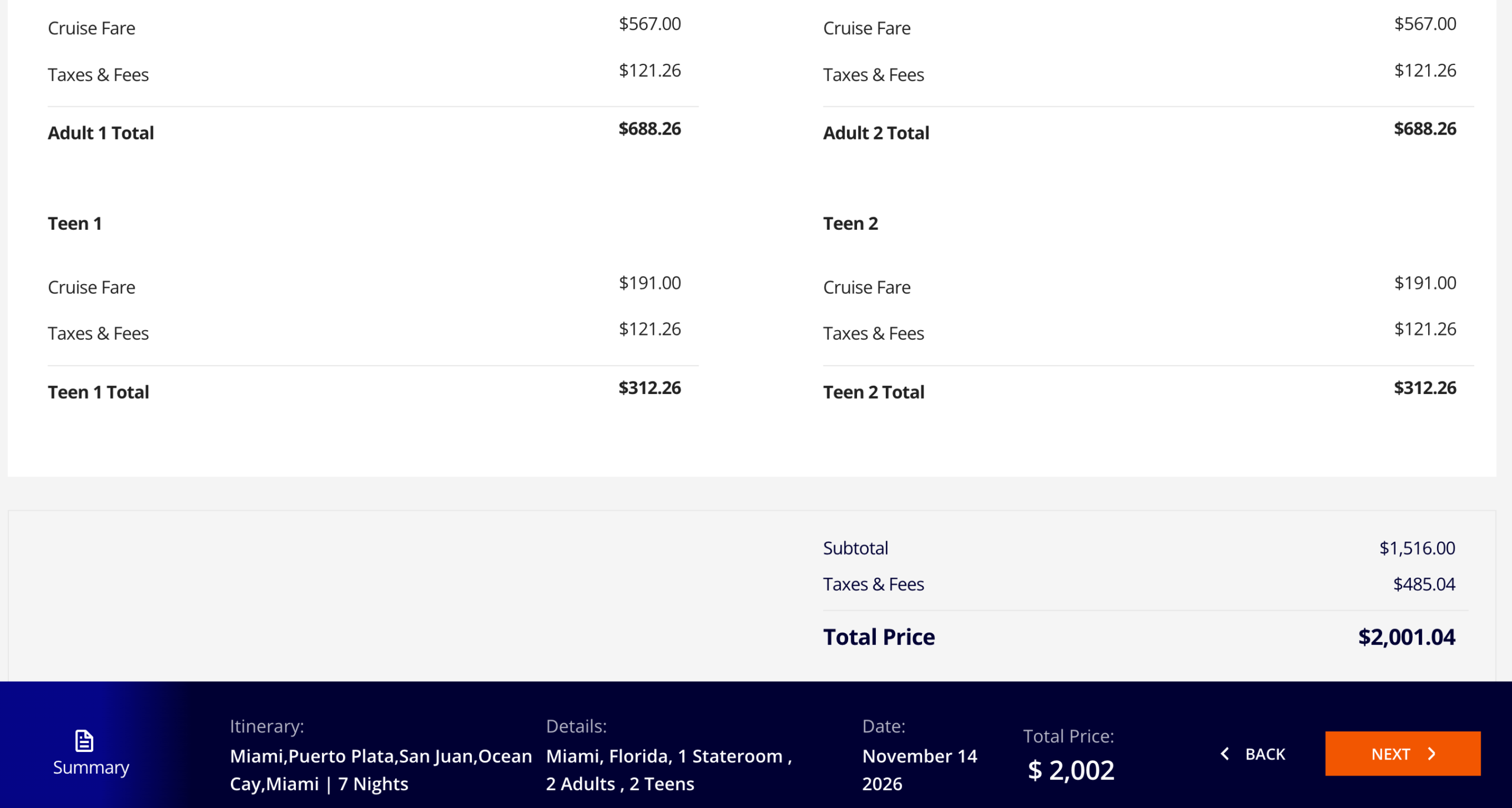 Cruise bill breakdown
